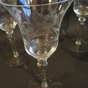 Vintage Glass Etched Flowers Leaves Stemware Glasses by Arcadia Discontinued Set